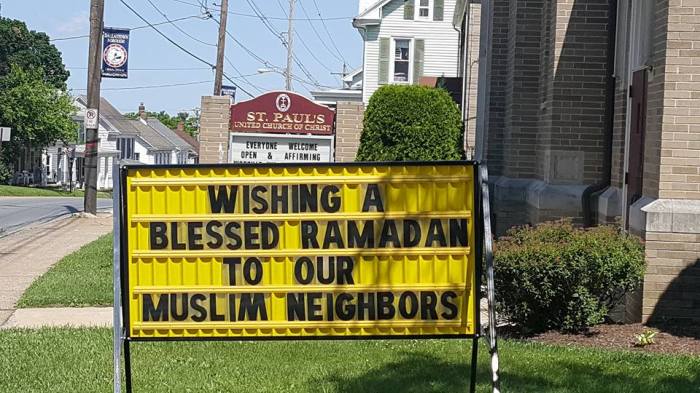 A Ramadan greeting displayed outside the St. Paul's United Church of Christ in Dallastown, Pennsylvania.