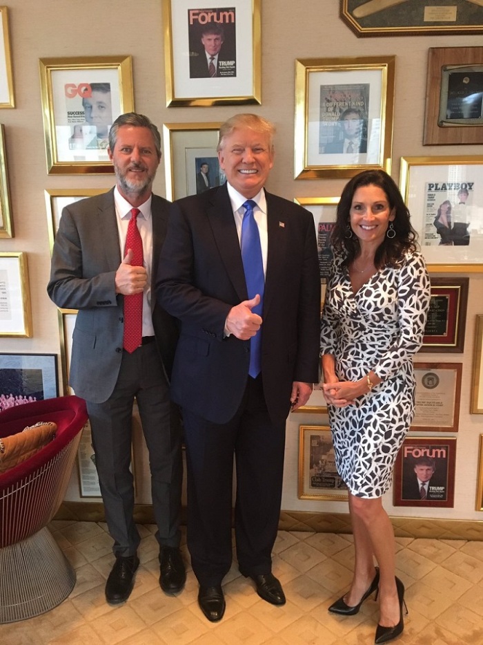 Liberty University President Jerry Falwell, Jr. and his wife pictured with presumptive Republican presidential nominee Donald Trump in New York City.