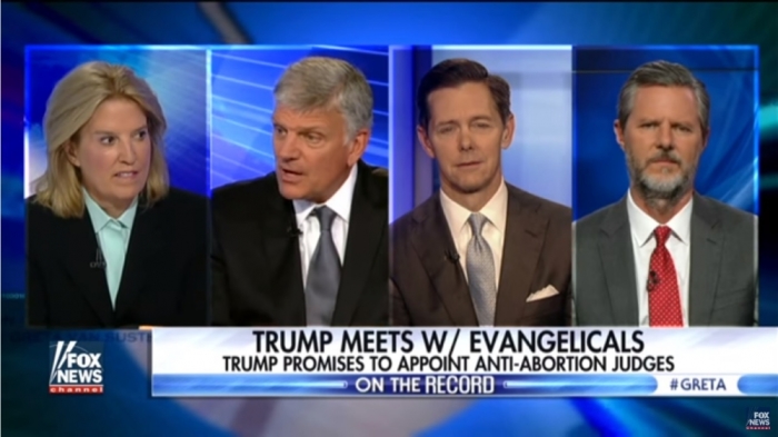Franklin Graham (center-left), Ralph Reed (center-right) and Jerry Falwell Jr.(right) talk with Fox News' Greta Van Susteren (left) about their thoughts after meeting with Donald Trump and as many as 900 evangelical leaders in New York City on June 21, 2016.
