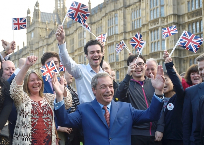 Nigel Farage, the leader of the United Kingdom Independence Party (UKIP), makes a statement after Britain voted to leave the European Union in London, Britain, June 24, 2016.