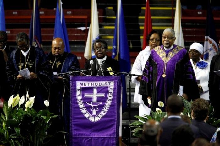 Rev. Betty Deas Clark speaks during a memorial ceremony marking the first anniversary of the shooting at Emanuel African Methodist Episcopal Church in Charleston, S.C., which left nine people dead.