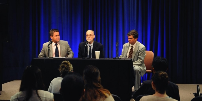 Dr. Paul Sullins (middle), flanked by Mark Tooley (right) and Travis Weber (left), speaks during a Family Research Council panel discussion in Washington, D.C. on June 24,2015.