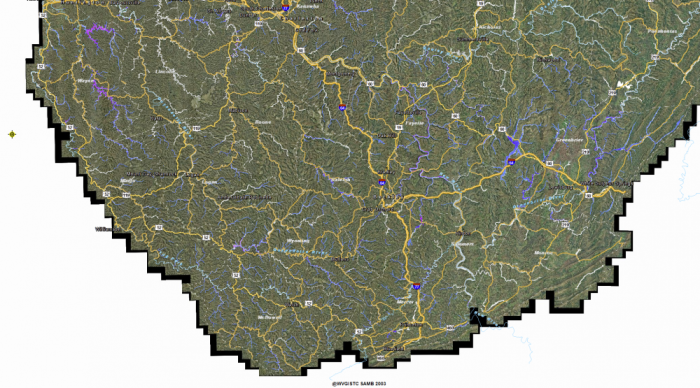 Southern part of West Virginia. Pink color signifies areas with a higher water depth than surrounding areas.