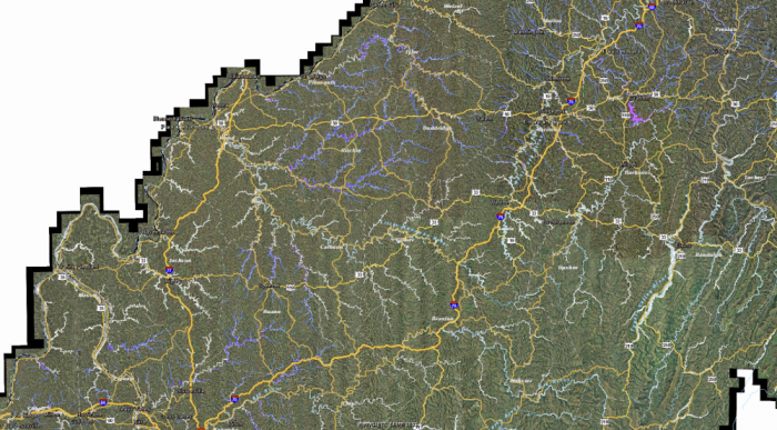 Central part of West Virginia. Pink color signifies areas with a higher water depth than surrounding areas.
