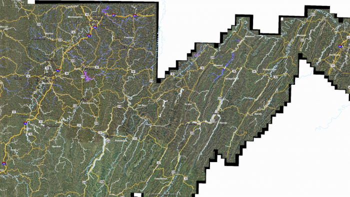 Northern part of West Virginia. Pink color signifies areas with a higher water depth than surrounding areas.