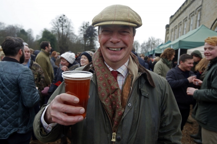 Leader of the United Kingdom Independence Party Nigel Farage attends the meet of the Old Surrey Burstow and West Kent Hunt at Chiddingstone Castle for the annual Boxing Day hunt in Chiddingstone, south east England, December 26, 2014.