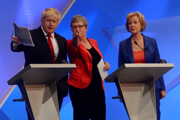 Boris Johnson, Gisela Stuart and Andrea Leadsom react during The Great Debate on BBC One, on the EU Referendum in London, Britain June 21, 2016.