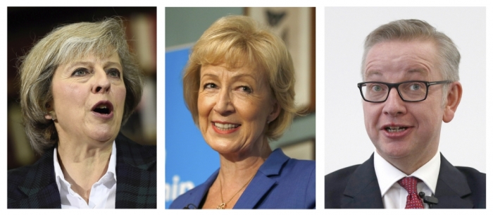 The candidates in the Conservative party leadership contest, (L-R) Theresa May, Andrea Leadsom and Michael Gove, are seen in this combination of three photographs, released in London, Britain July 6, 2016.