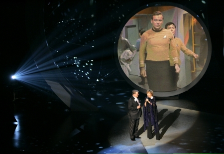 William Shatner (L) and Frederica Von Stade perform the theme from "Star Trek" at the 57th annual Primetime Emmy Awards at the Shrine Auditorium in Los Angeles, California, September 18, 2005.