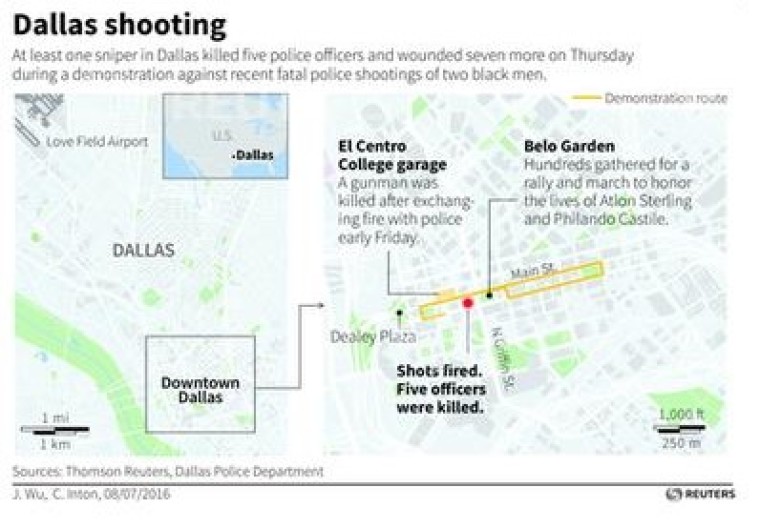 Map locating Dallas shooting on July 7, 2016.