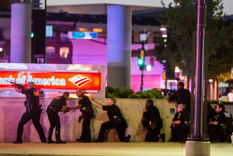 Dallas Police respond after shots were fired at officers during a Black Lives Matter protest in downtown Dallas, Texas, July 7, 2016.