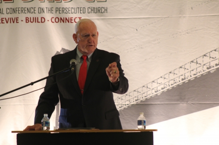 Lt. Gen. (Ret.) Jerry Boykin speaks at The Bridge conference for the persecuted church in Silver Spring, Maryland on July 8, 2016.