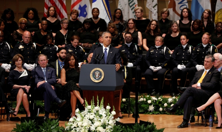 U.S. President Barack Obama speaks during a memorial service for five policemen killed last week in a sniper attack in Dallas, Texas July 12, 2016.