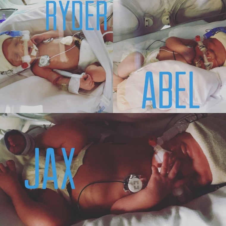 Newborn triplet boys Ryder, Abel and Jaxon can be seen in this photo taken at the Texas Children's Pavilion for Women, July 9, 2016.
