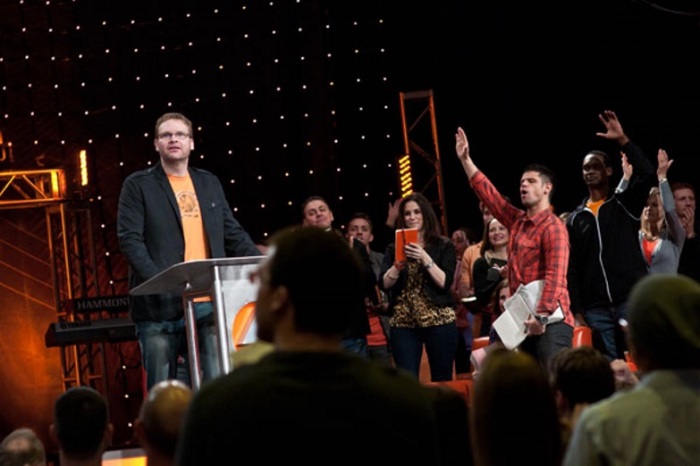 Fired pastor of NewSpring Church in South Carolina, Perry Noble, preaches at the Code Orange Revival on January 17, 2012. The revival took place at Elevation Church in Charlotte, N.C.