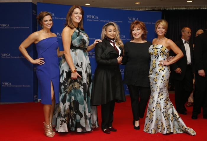 The View cast (L-R), Paula Faris, Michelle Collins, Raven Simone, Joy Behar and Candace Cameron-Bure, arrive on the red carpet for the annual White House Correspondents Association Dinner in Washington, April 30, 2016.