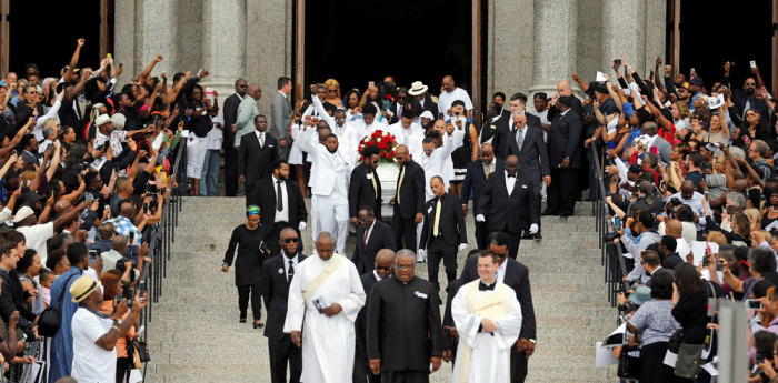 The casket for Philando Castile is carried from the Cathedral of St. Paul after a funeral service in St. Paul, Minnesota, U.S., July 14, 2016. Castile was fatally shot by police July 6, 2016.