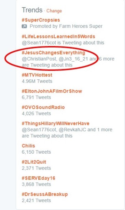 The hashtag #jesuschangeseverything No. 3 trending topic on Twitter Saturday, July 16, 2016.