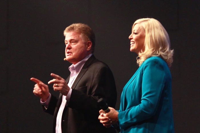 Parents of eight children, Jim Garlow and his wife Rosemary speak at a Skyline Church service.