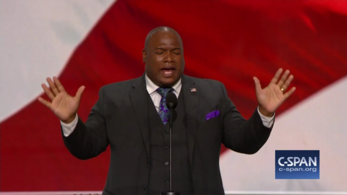 Pastor Mark Burns delivering opening prayer at Republican National Convention, Cleveland, Ohio, July 18, 2016.