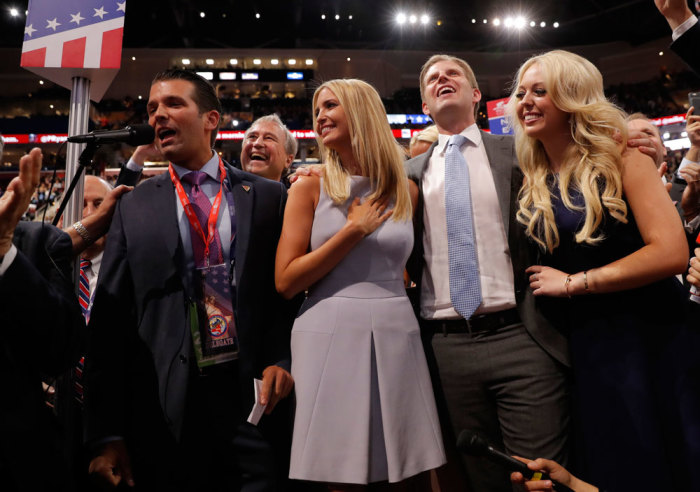 Donald Trump's children (L-R): Donald Trump Jr., Ivanka Trump, Eric Trump, and Tiffany Trump, celebrate after announcing the votes of the New York delegation to put their father over the top to win the Republican presidential nomination during the second day of the Republican National Convention in Cleveland, Ohio, U.S. July 19, 2016.
