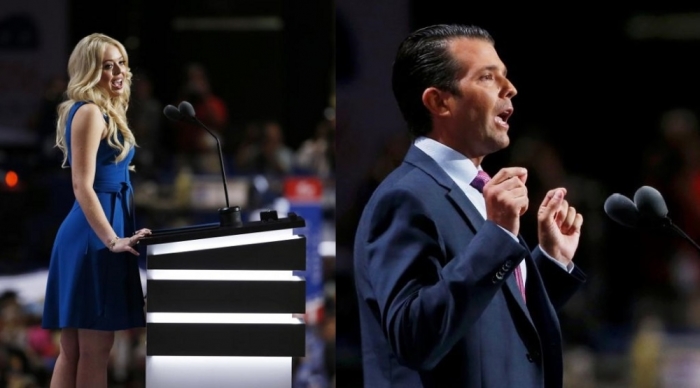 Two of Donald Trump's children, Tiffany (L) and Donald Trump Jr. (R), speak in support of their father's bid for the presidency on the United States at the Republican National Convention in Cleveland, Ohio on Tuesday July 19, 2016.