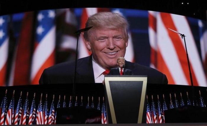 Republican U.S. presidential nominee Donald Trump speaks as he accepts the nomination during the final session of the Republican National Convention in Cleveland, Ohio, U.S. July 21, 2016.