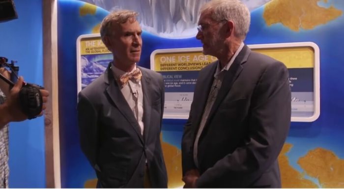 Bill Nye (L) and Ken Ham (R) speaking at the Ark Encounter in Kentucky during Nye's visit on July 8, 2016.