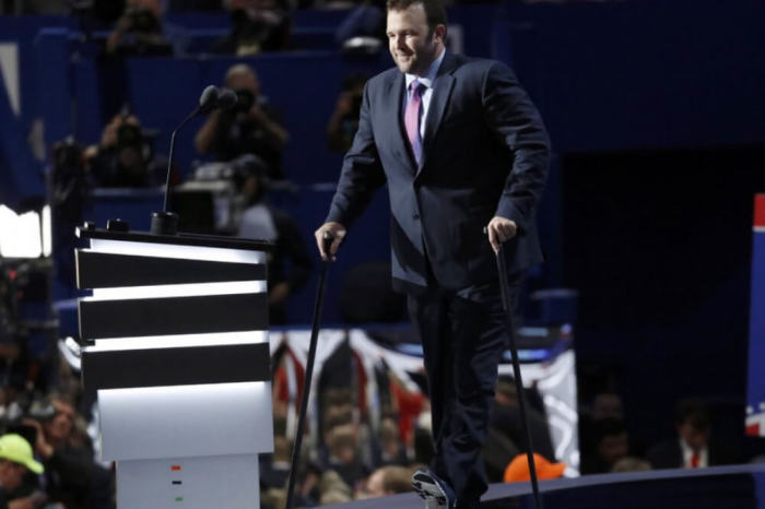Accident survivor and motivational speaker Brock Mealer, who was told he had a 1 percent chance of ever walking again, walked on stage with a cane to deliver his speech on the final night of the Republican convention in Cleveland Ohio on Thursday July 21, 2016.
