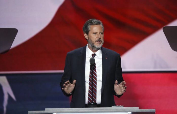 Liberty University President Jerry Falwell Jr. speaks at the Republican National Convention in Cleveland, Ohio, U.S. July 21, 2016.