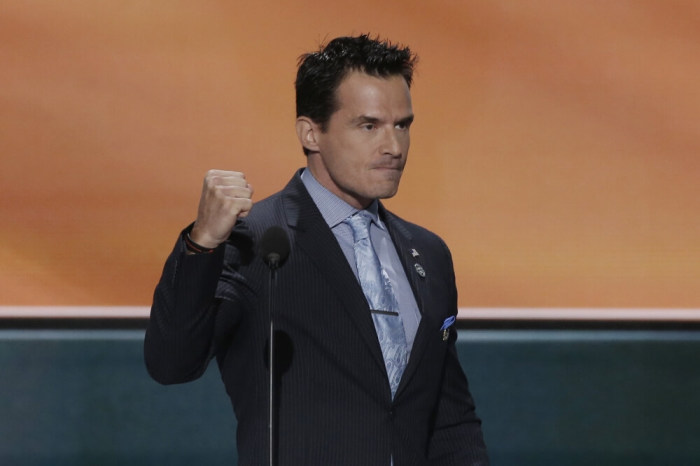 Actor Antonio Sabato Jr. pumps his fist as he speaks at the Republican National Convention in Cleveland, Ohio, U.S., July 18, 2016.