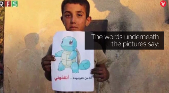 Syrian children hold Pokemon Go photos asking people to come save them