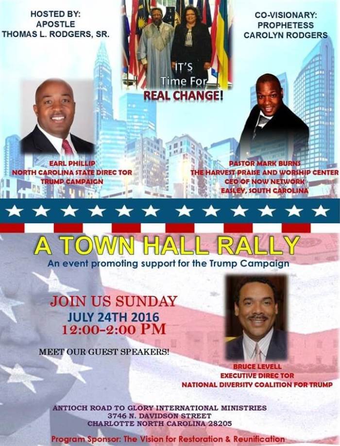 The flyer for the rally held by Antioch Road to Glory International Ministries in North Carolina in support of Republican presidential nominee, Donald Trump.