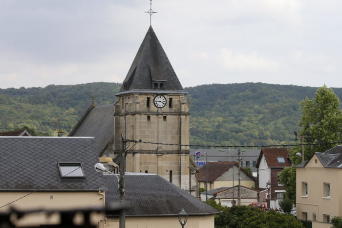 The bell tower of the church is seen after a hostage-taking in Saint-Etienne-du-Rouvray near Rouen in Normandy, France, July 26, 2016. A priest was killed with a knife and another hostage seriously wounded in an attack on a church that was carried out by assailants linked to Islamic State.
