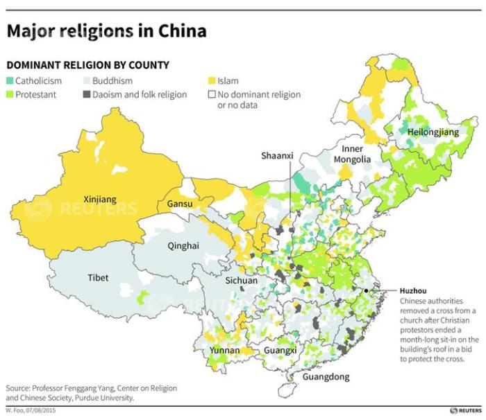 Reissue. Map of China showing dominant religion by county.