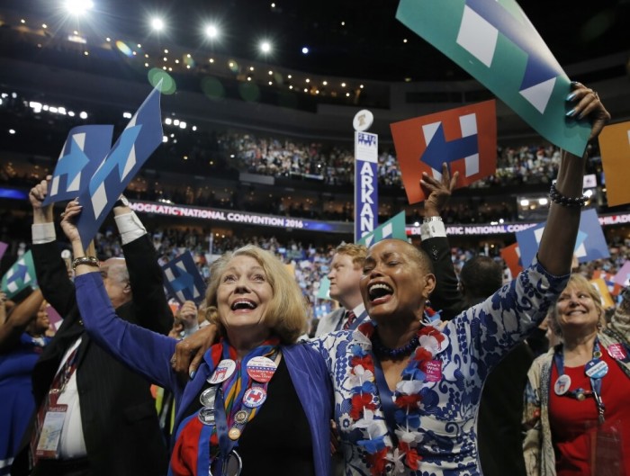 Delegates cheer after Hillary Clinton became the Democratic Party nominee for president at the Democratic National Convention in Philadelphia, Pennsylvania, U.S., July 26, 2016.
