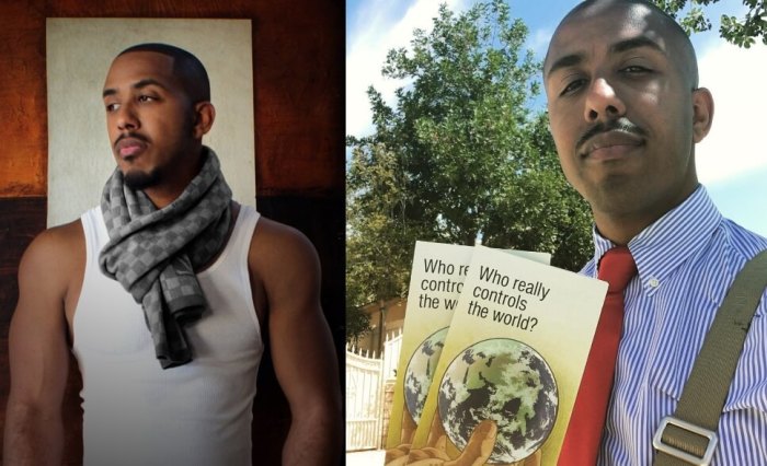 R&B singer Marques Houston in his heyday (L). The singer as he evangelized on the Jehovah's Witnesses faith two weeks ago (R).