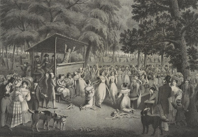 Camp meeting during the Second Great Awakening. Bridport, Hugh, 1794-ca. 1868, lithographer