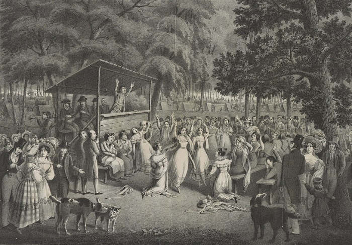 Camp meeting during the Second Great Awakening. Bridport, Hugh, 1794-ca. 1868, lithographer