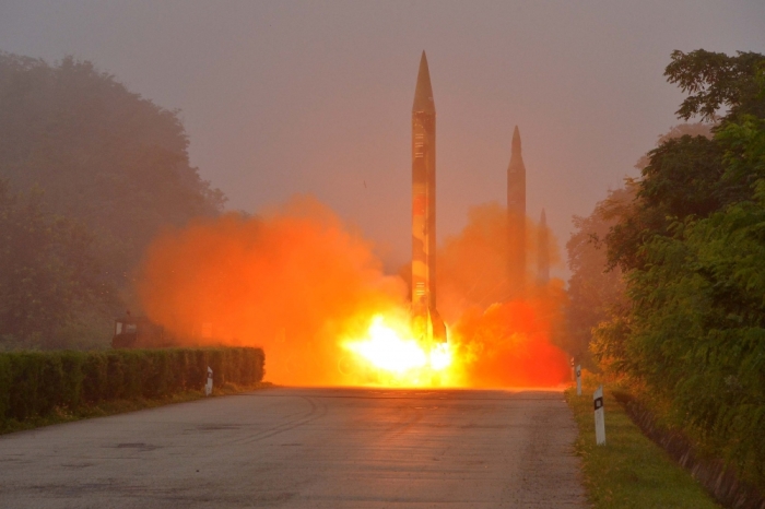 Ballistic rocket is seen launching during a drill by the Hwasong artillery units of the KPA Strategic Force in this undated picture provided by KCNA in Pyongyang, North Korea, on July 21, 2016.