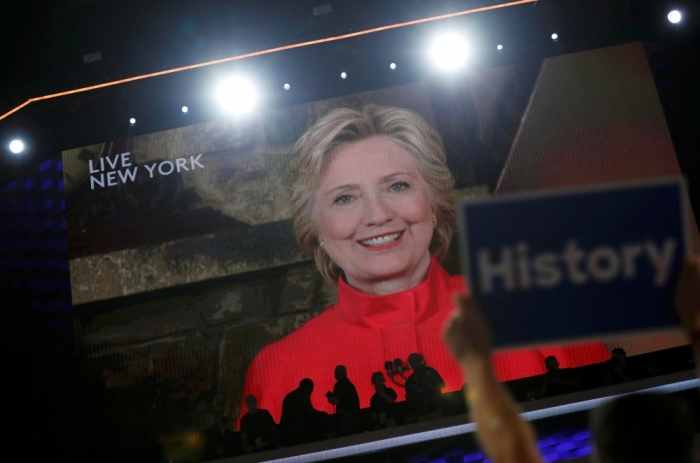 Democratic presidential nominee Hillary Clinton addresses the Democratic National Convention via a live video feed from New York during the second night at the Democratic National Convention in Philadelphia, Pennsylvania, U.S. July 26, 2016.