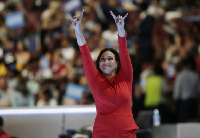 The president of the National Abortion and Reproductive Rights Action League Pro-Choice America Ilyse Hogue gestures as she leaves the stage at the Democratic National Convention in Philadelphia, Pennsylvania, U.S. July 27, 2016.
