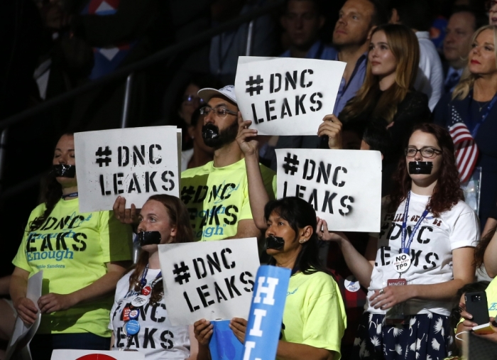 Bernie Sanders supporters protest U.S. Democratic presidential nominee Hillary Clinton at the Democratic National Convention in Philadelphia, Pennsylvania, U.S. July 28, 2016.