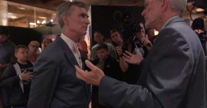 Bill Nye (L) and Ken Ham (R) at the Ark Encounter in Kentucky in July 2016.