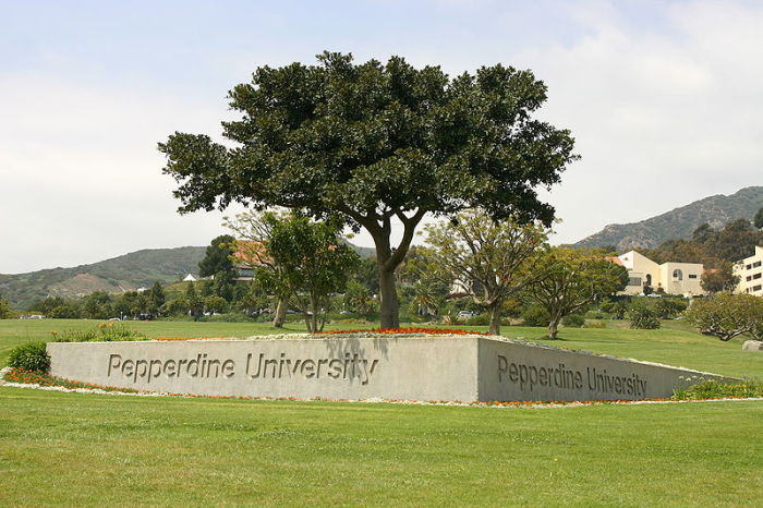 Pepperdine University's Malibu Canyon entrance sign in Malibu, California.
