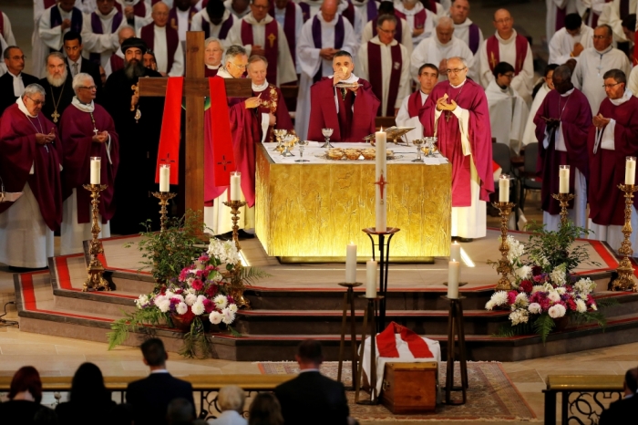 Archbishop of Rouen and Primate of Normandy Mgr Dominique Lebrun prays during a funeral service to slain French parish priest Father Jacques Hamel at the Cathedral in Rouen, France, August 2, 2016. Father Jacques Hamel was killed last week in an attack on a church at Saint-Etienne-du-Rouvray near Rouen that was carried out by assailants linked to Islamic State.