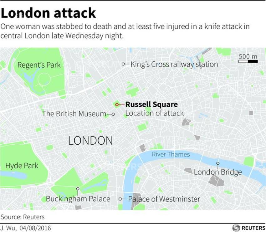 Map locating a knife attack in central London late Wednesday night: one dead, at least five injured.