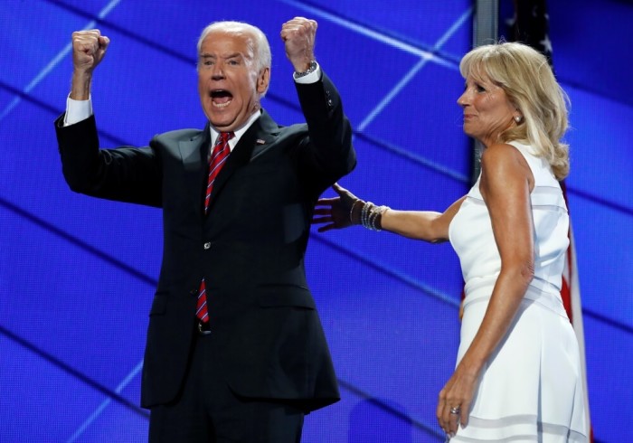 Vice President Joe Biden and his wife Dr. Jill Biden react after his speech at the Democratic National Convention in Philadelphia, Pennsylvania, U.S. July 27, 2016. Picture taken July 27, 2016.