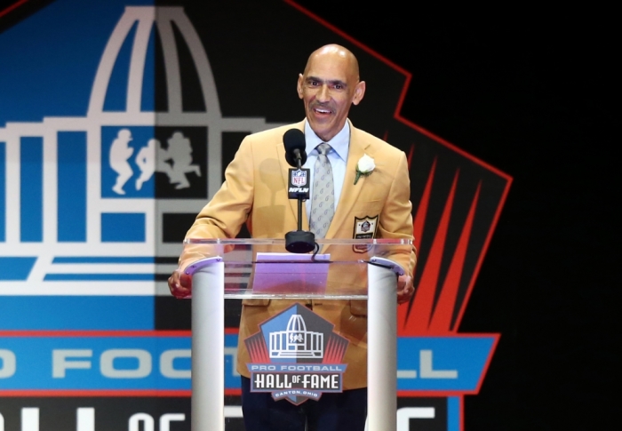 Former Indianapolis Colts head coach Tony Dungy gives his acceptance speech during the 2016 NFL Hall of Fame enshrinement at Tom Benson Hall of Fame Stadium in Canton, Ohio, on August 6, 2016.