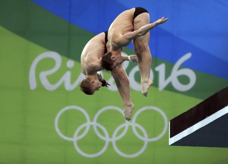 David Boudia and Steele Johnson of team USA compete in the 2016 Rio Olympics diving final Men's Synchronised 10m Platform at the Maria Lenk Aquatics Centre in Rio de Janeiro, Brazil, on August 8, 2016.